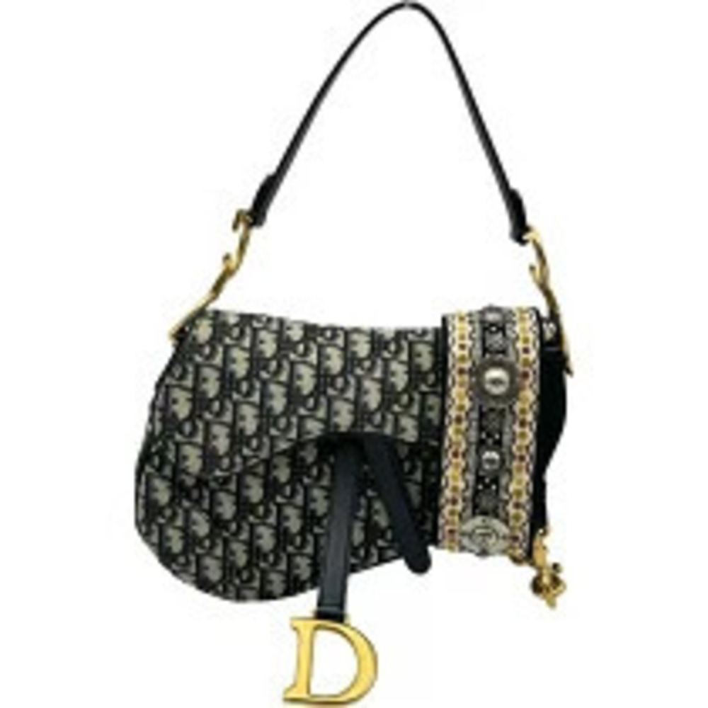 Christian Dior Oblique Saddle Bag Navy Blue Canvas Shoulder